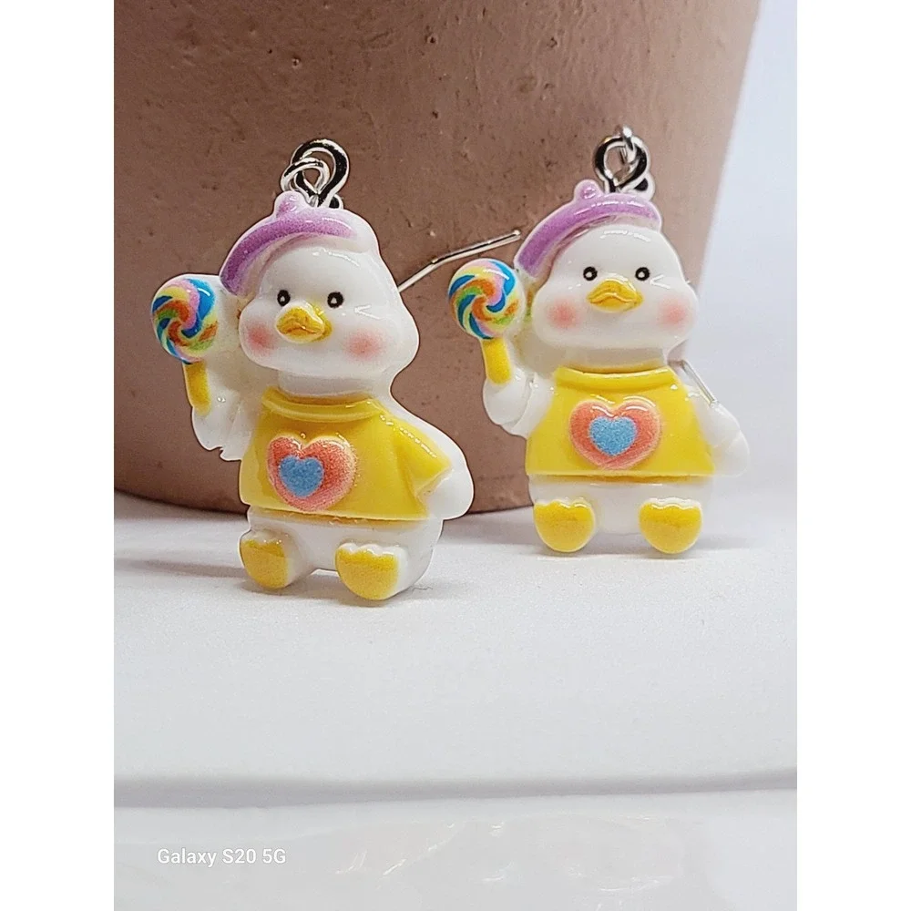 Handmade Duck with Lollipop Resin Drop‎ Earrings Yellow Heart Sweater Novelty